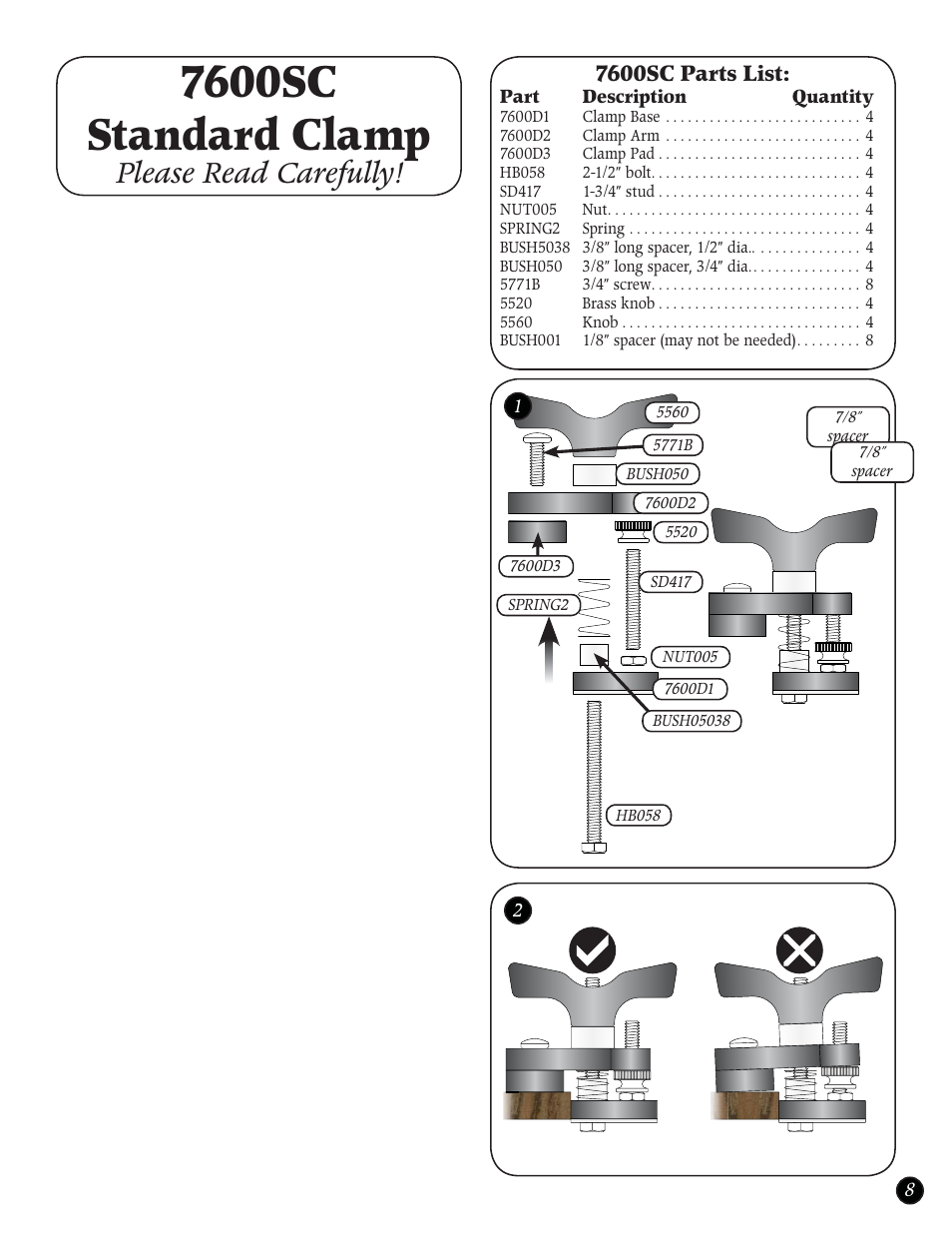 7600sc standard clamp, Please read carefully, 7600sc parts list | Woodhaven 7600-7603: Dovetail Jigs User Manual | Page 4 / 7