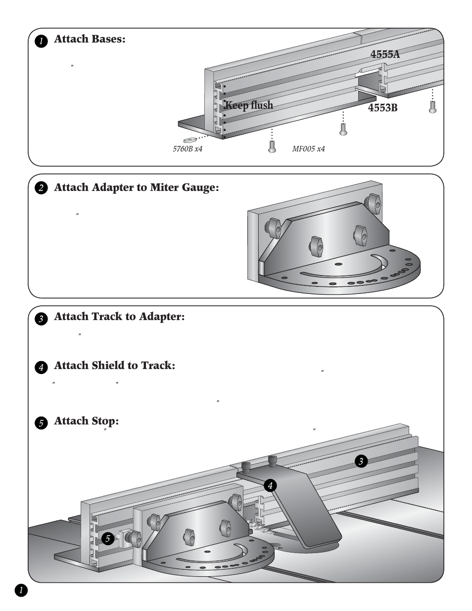 Attach shield to track, Attach stop, Attach adapter to miter gauge | Attach track to adapter, Attach bases, Keep fl ush | Woodhaven 4553: Box Joint Jig Upgrade Kit User Manual | Page 2 / 3