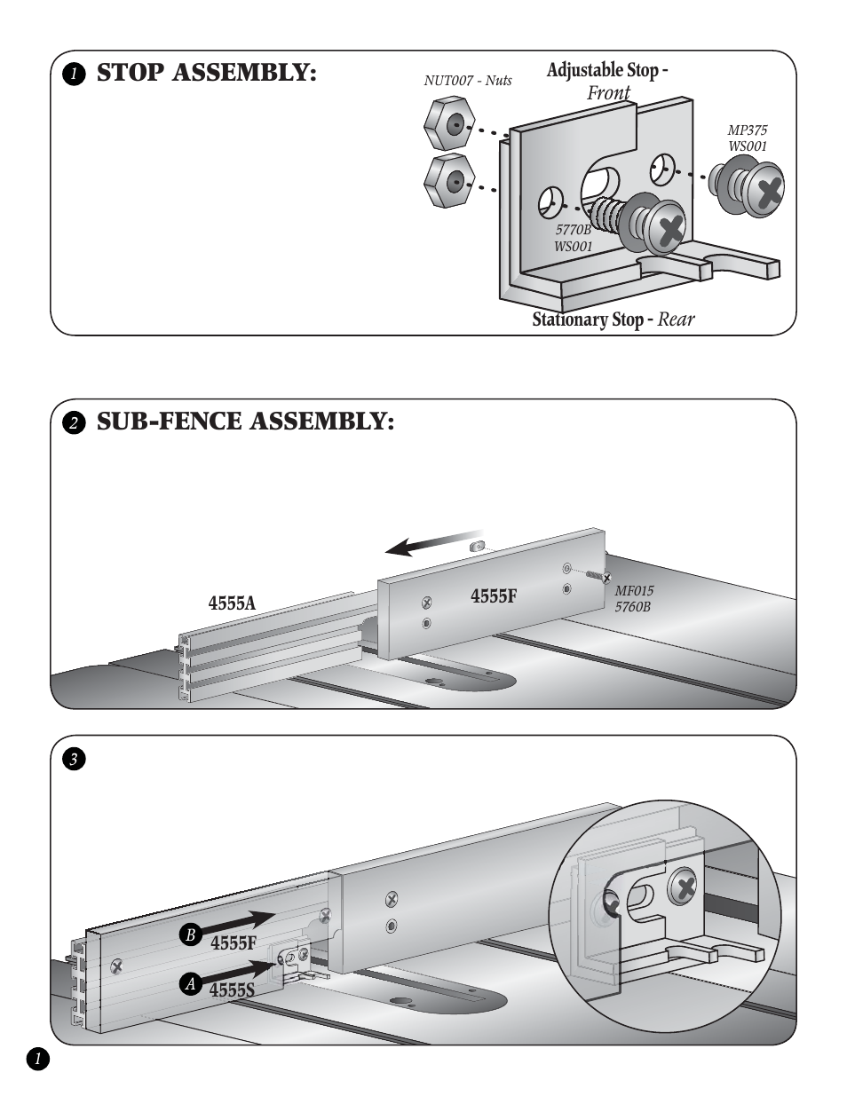 Stop assembly, Sub-fence assembly | Woodhaven 4555: Box Joint Jig User Manual | Page 2 / 4