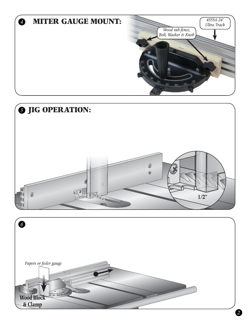 Miter gauge mount, Jig operation, Wood block & clamp | Woodhaven 4555: Box Joint Jig User Manual | Page 3 / 4