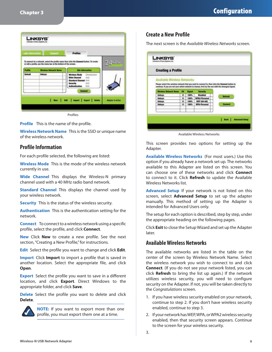 Configuration, Profile information, Create a new profile | Available wireless networks | Cisco WUSB300N User Manual | Page 10 / 39