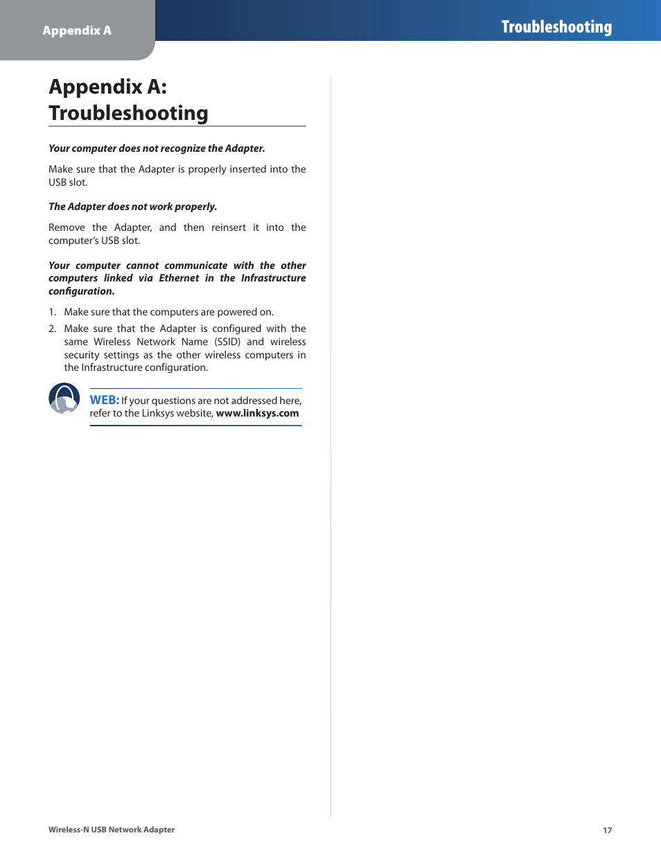Appendix a: troubleshooting, Troubleshooting | Cisco WUSB300N User Manual | Page 18 / 39