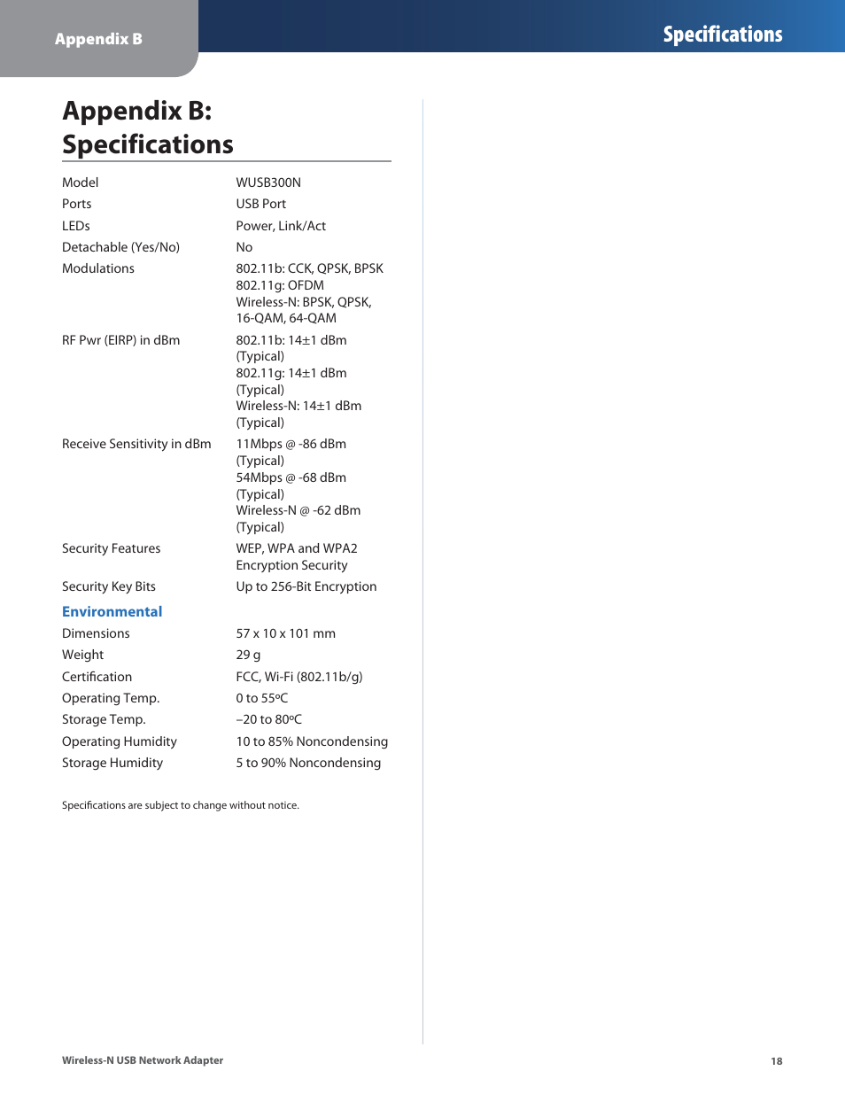 Appendix b: specifications, Specifications | Cisco WUSB300N User Manual | Page 19 / 39