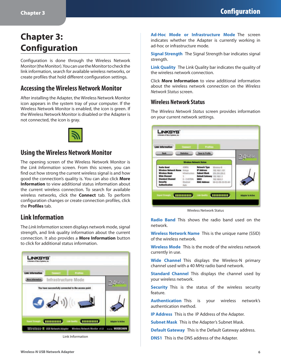 Chapter 3: configuration, Accessing the wireless network monitor, Using the wireless network monitor | Link information, Configuration, Wireless network status | Cisco WUSB300N User Manual | Page 7 / 39