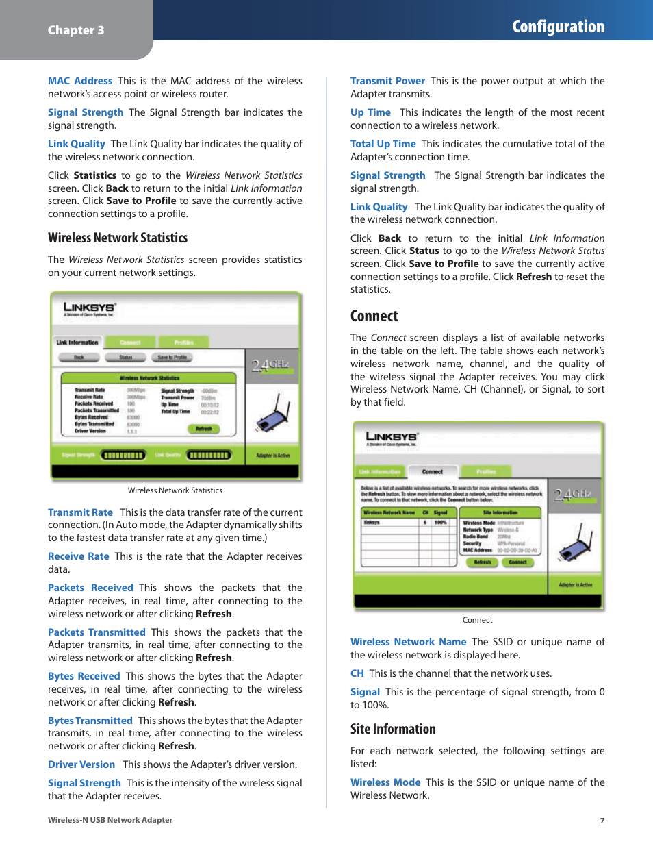 Connect, Configuration, Wireless network statistics | Site information | Cisco WUSB300N User Manual | Page 8 / 39