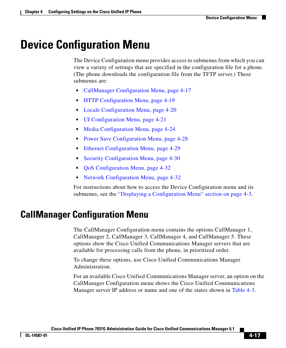 Device configuration menu, Callmanager configuration menu, Device | Cisco 7931G User Manual | Page 17 / 44