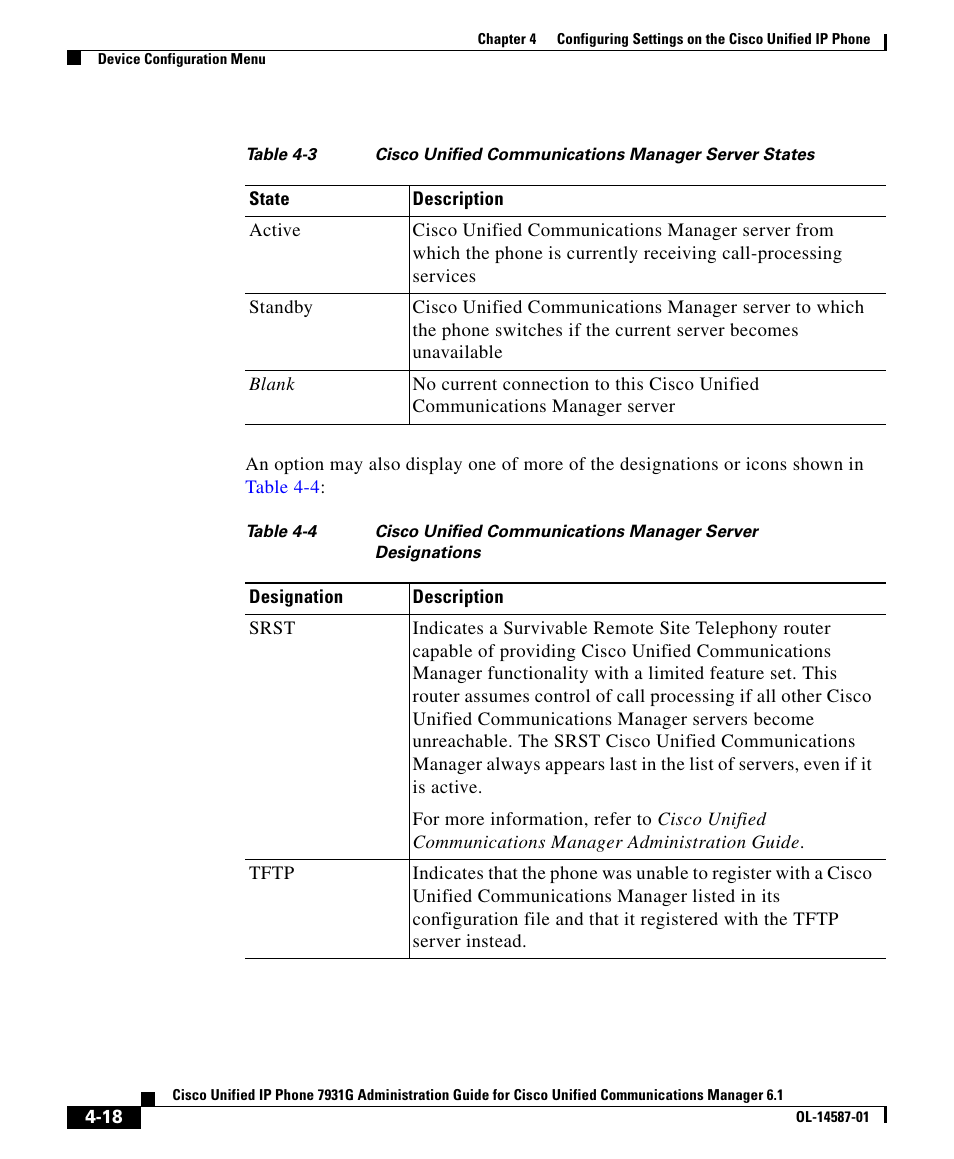 Table 4-3 | Cisco 7931G User Manual | Page 18 / 44