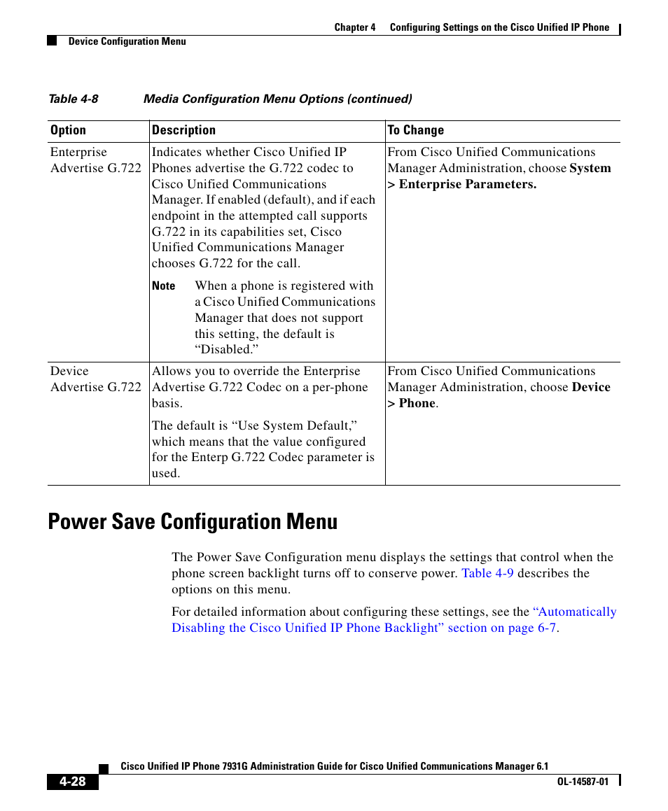 Power save configuration menu | Cisco 7931G User Manual | Page 28 / 44