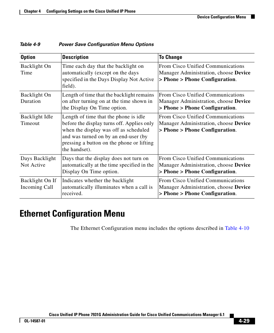Ethernet configuration menu | Cisco 7931G User Manual | Page 29 / 44