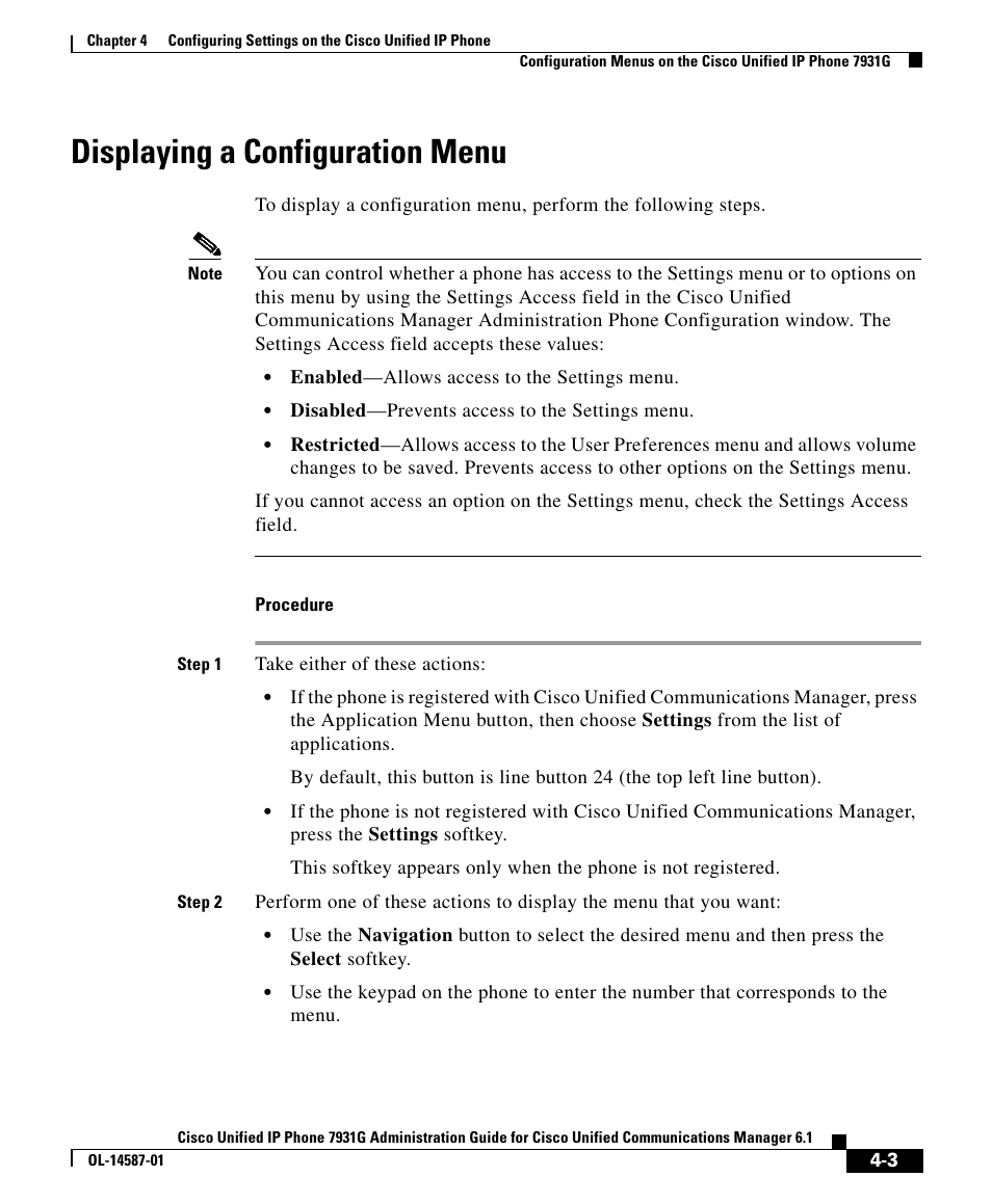 Displaying a configuration menu | Cisco 7931G User Manual | Page 3 / 44