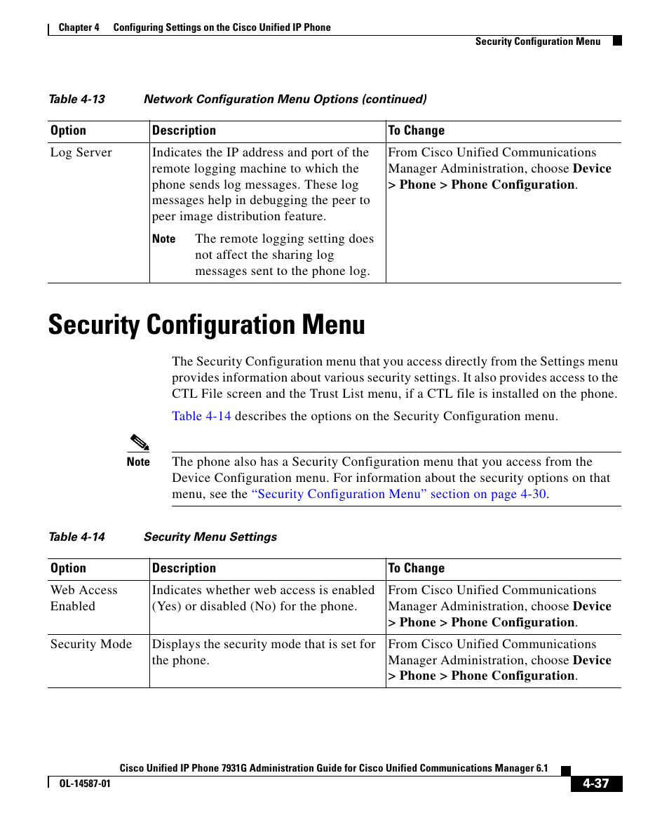 Security configuration menu, Security configuration | Cisco 7931G User Manual | Page 37 / 44
