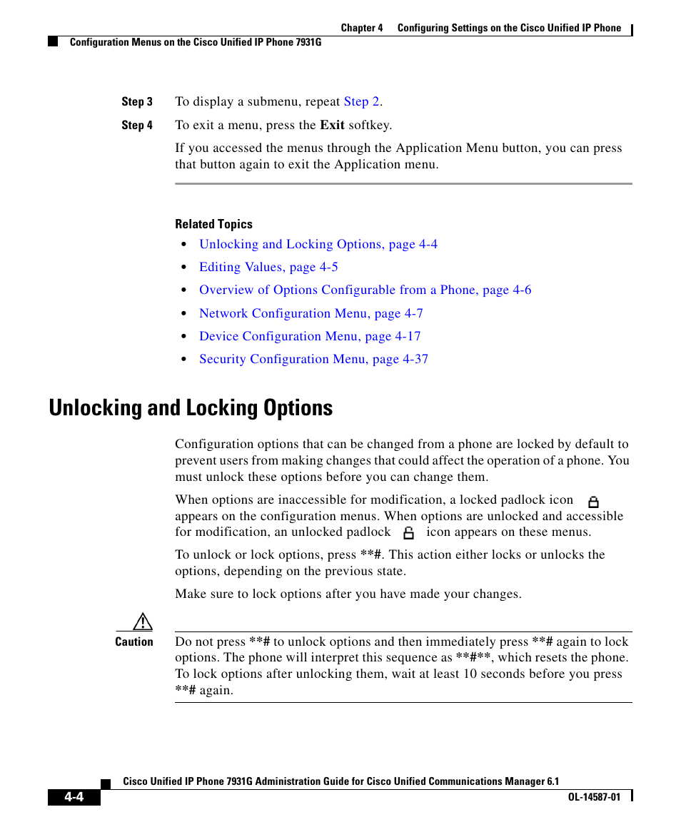 Unlocking and locking options | Cisco 7931G User Manual | Page 4 / 44