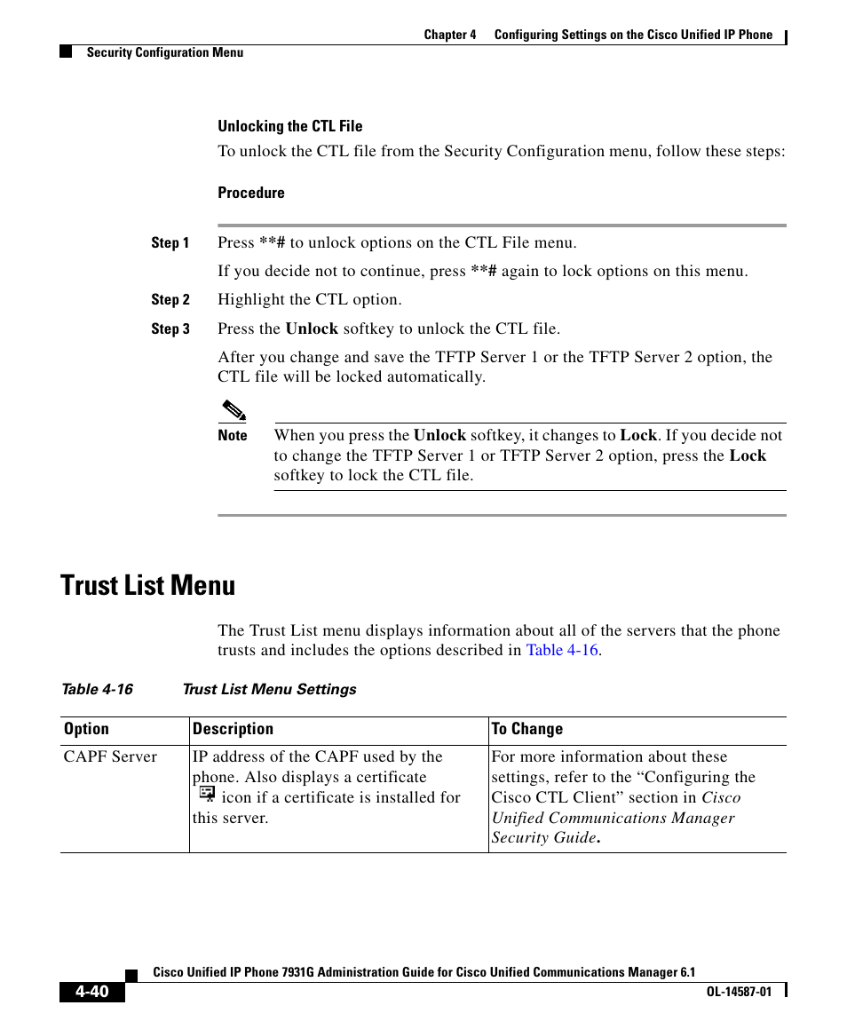 Trust list menu, Trust list | Cisco 7931G User Manual | Page 40 / 44