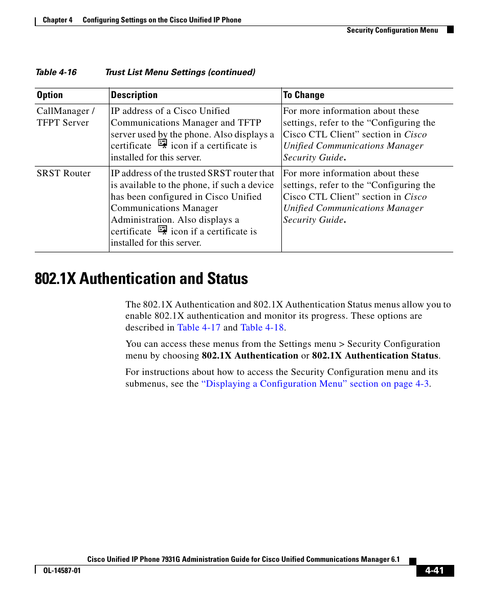 1x authentication and status, 1x authentication and | Cisco 7931G User Manual | Page 41 / 44