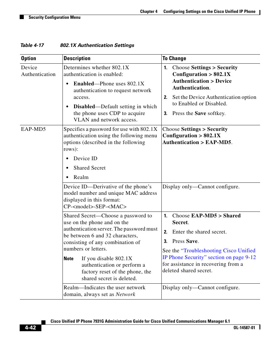 Table 4-17 | Cisco 7931G User Manual | Page 42 / 44