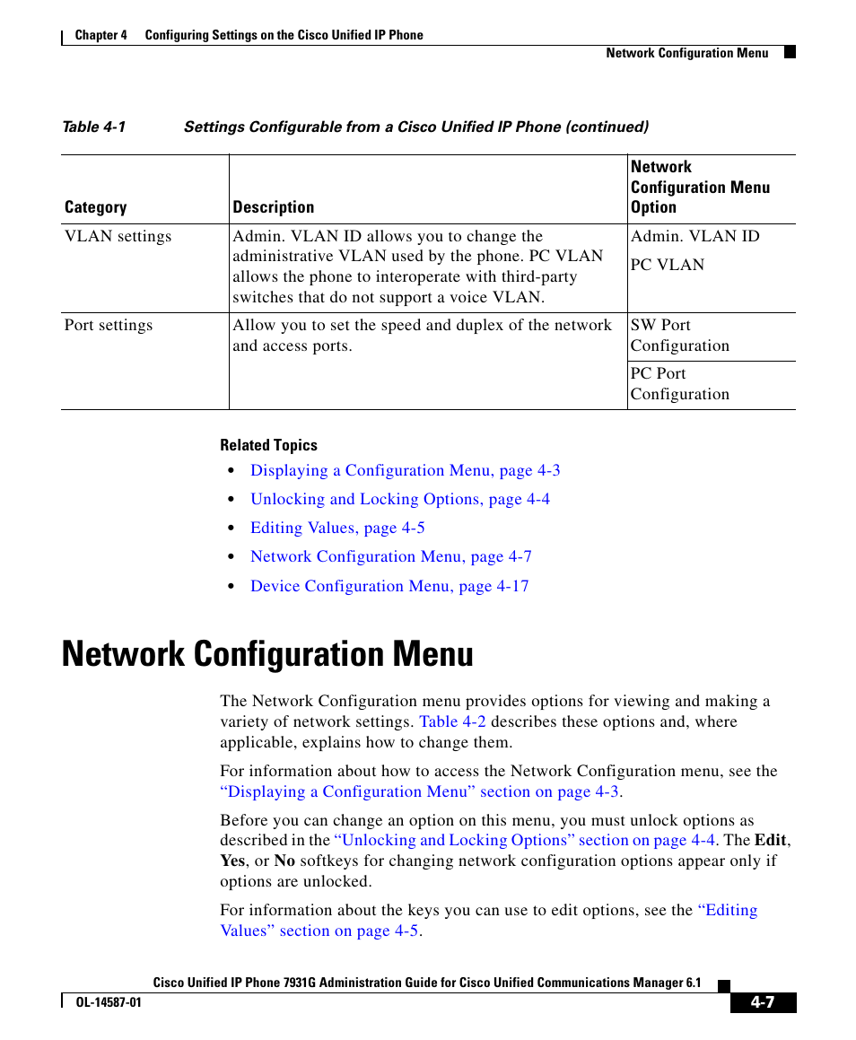 Network configuration menu, Network configuration | Cisco 7931G User Manual | Page 7 / 44