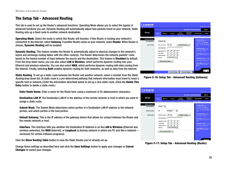 The setup tab - advanced routing | Cisco WRK54G User Manual | Page 26 / 80
