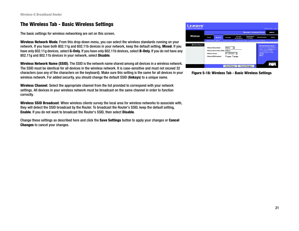 The wireless tab - basic wireless settings | Cisco WRK54G User Manual | Page 27 / 80