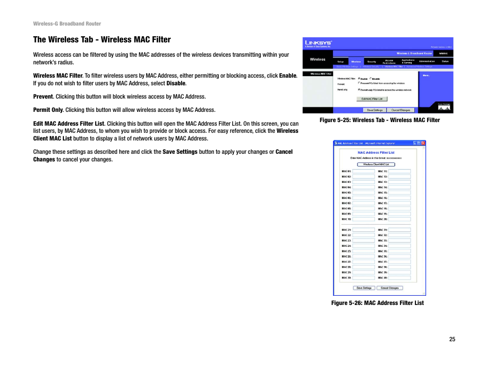 The wireless tab - wireless mac filter | Cisco WRK54G User Manual | Page 31 / 80