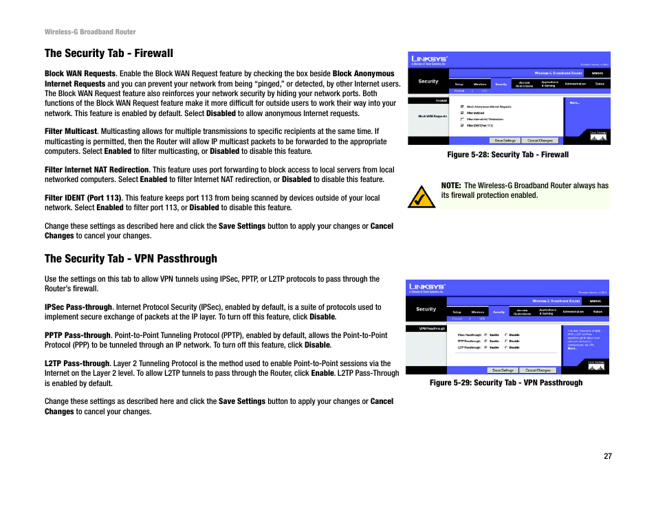 The security tab - firewall, The security tab - vpn passthrough | Cisco WRK54G User Manual | Page 33 / 80
