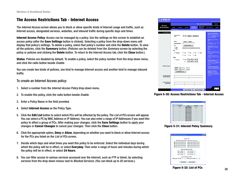 The access restrictions tab - internet access | Cisco WRK54G User Manual | Page 34 / 80