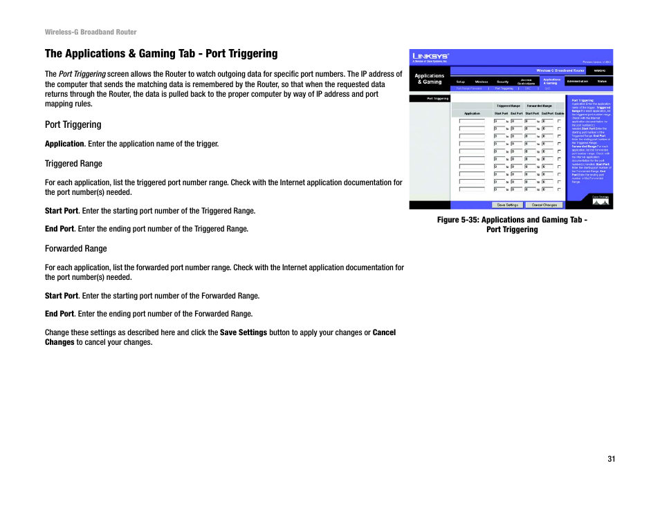 The applications & gaming tab - port triggering | Cisco WRK54G User Manual | Page 37 / 80