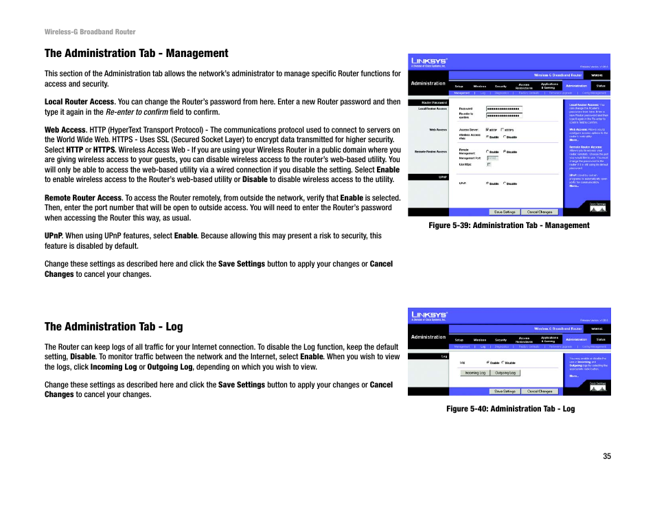The administration tab - management, The administration tab - log | Cisco WRK54G User Manual | Page 41 / 80