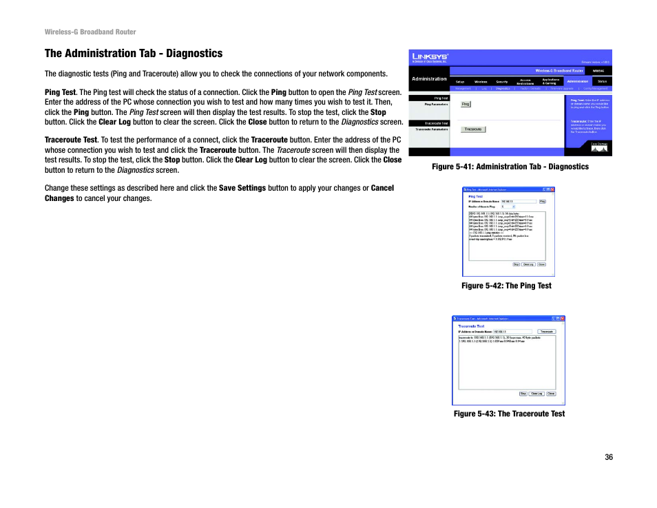 The administration tab - diagnostics | Cisco WRK54G User Manual | Page 42 / 80