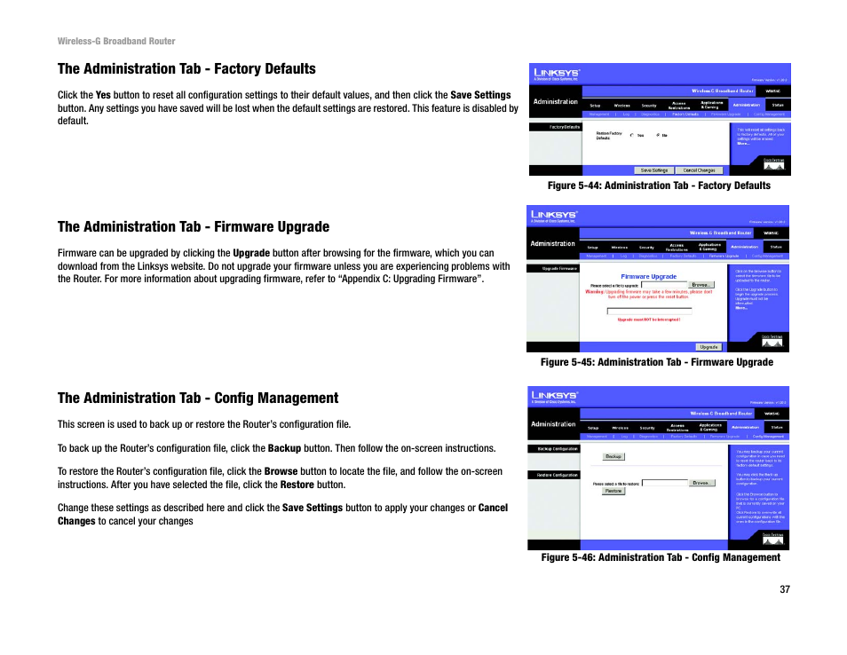 The administration tab - factory defaults, The administration tab - firmware upgrade, The administration tab - config management | Cisco WRK54G User Manual | Page 43 / 80