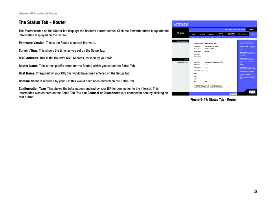 The status tab - router | Cisco WRK54G User Manual | Page 44 / 80