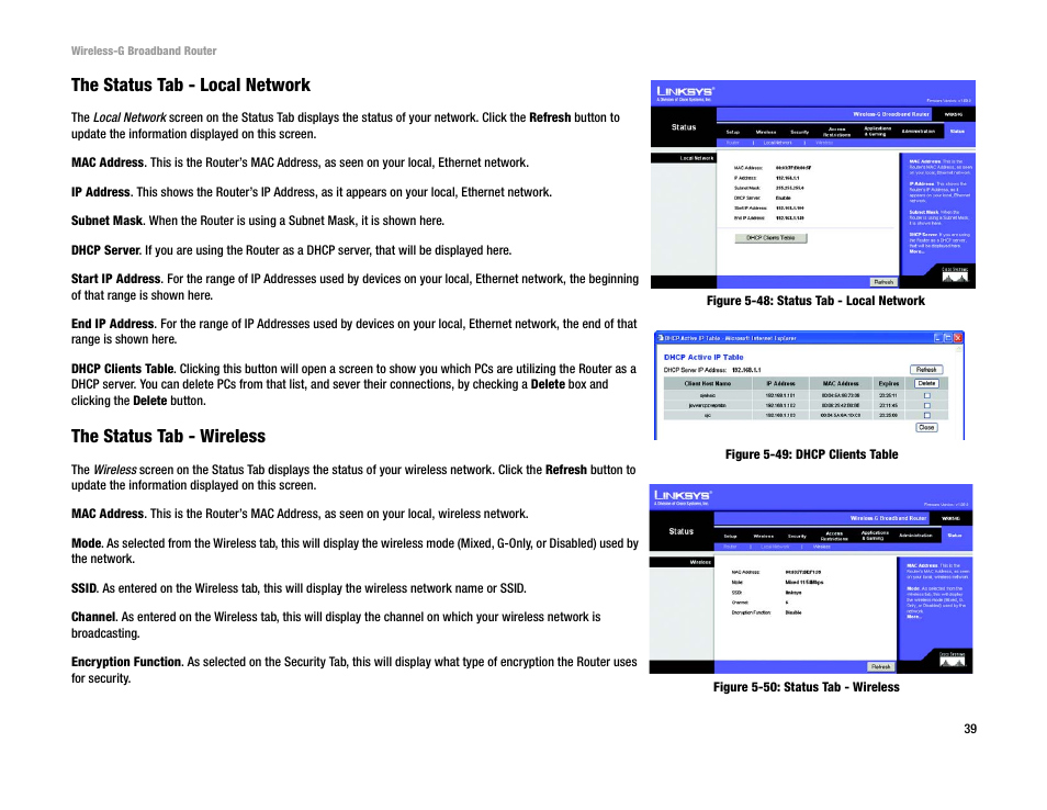 The status tab - local network, The status tab - wireless | Cisco WRK54G User Manual | Page 45 / 80
