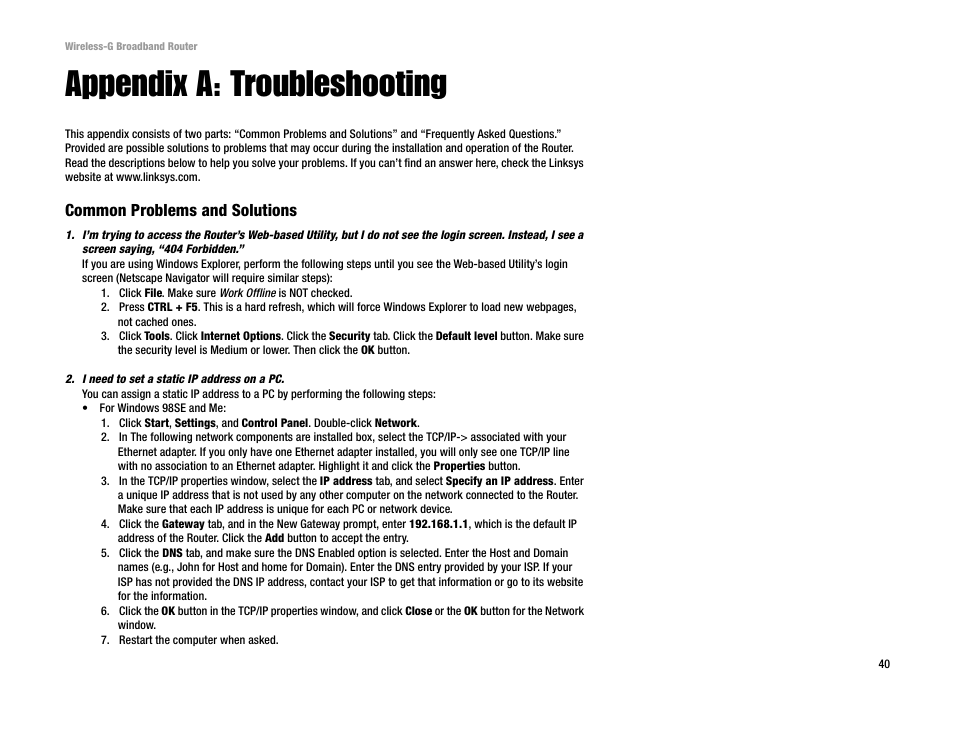Appendix a: troubleshooting, Common problems and solutions | Cisco WRK54G User Manual | Page 46 / 80