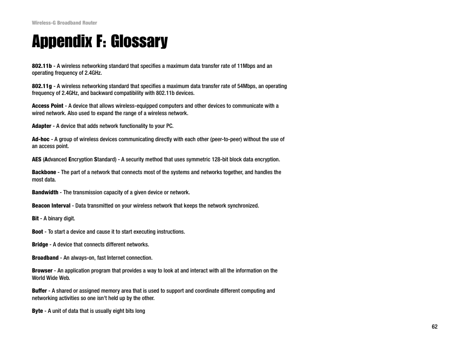 Appendix f: glossary | Cisco WRK54G User Manual | Page 68 / 80