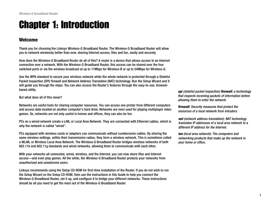 Chapter 1: introduction, Welcome | Cisco WRK54G User Manual | Page 7 / 80