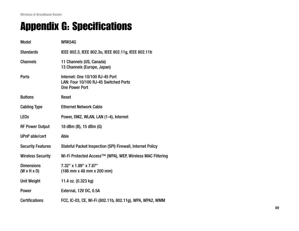 Appendix g: specifications | Cisco WRK54G User Manual | Page 75 / 80