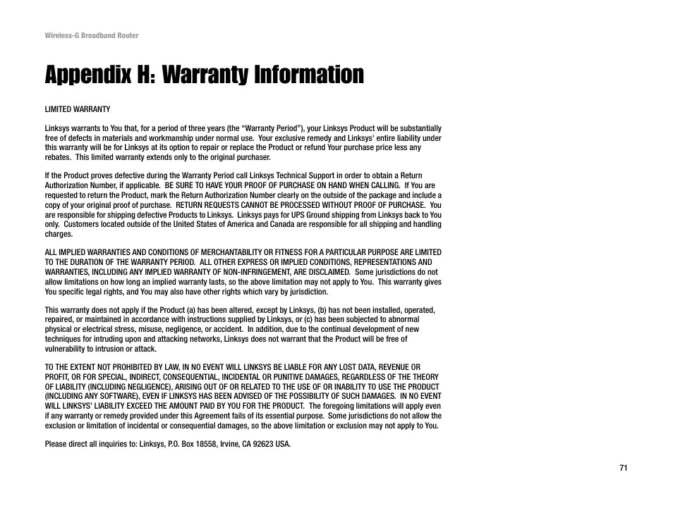 Appendix h: warranty information | Cisco WRK54G User Manual | Page 77 / 80