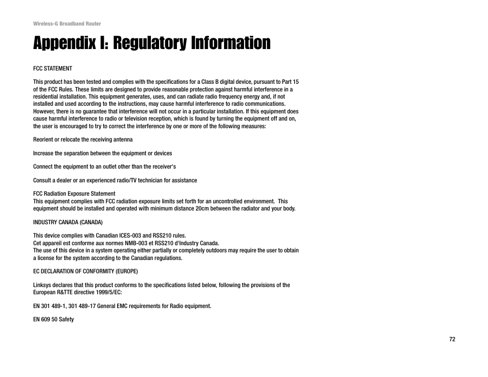 Appendix i: regulatory information | Cisco WRK54G User Manual | Page 78 / 80