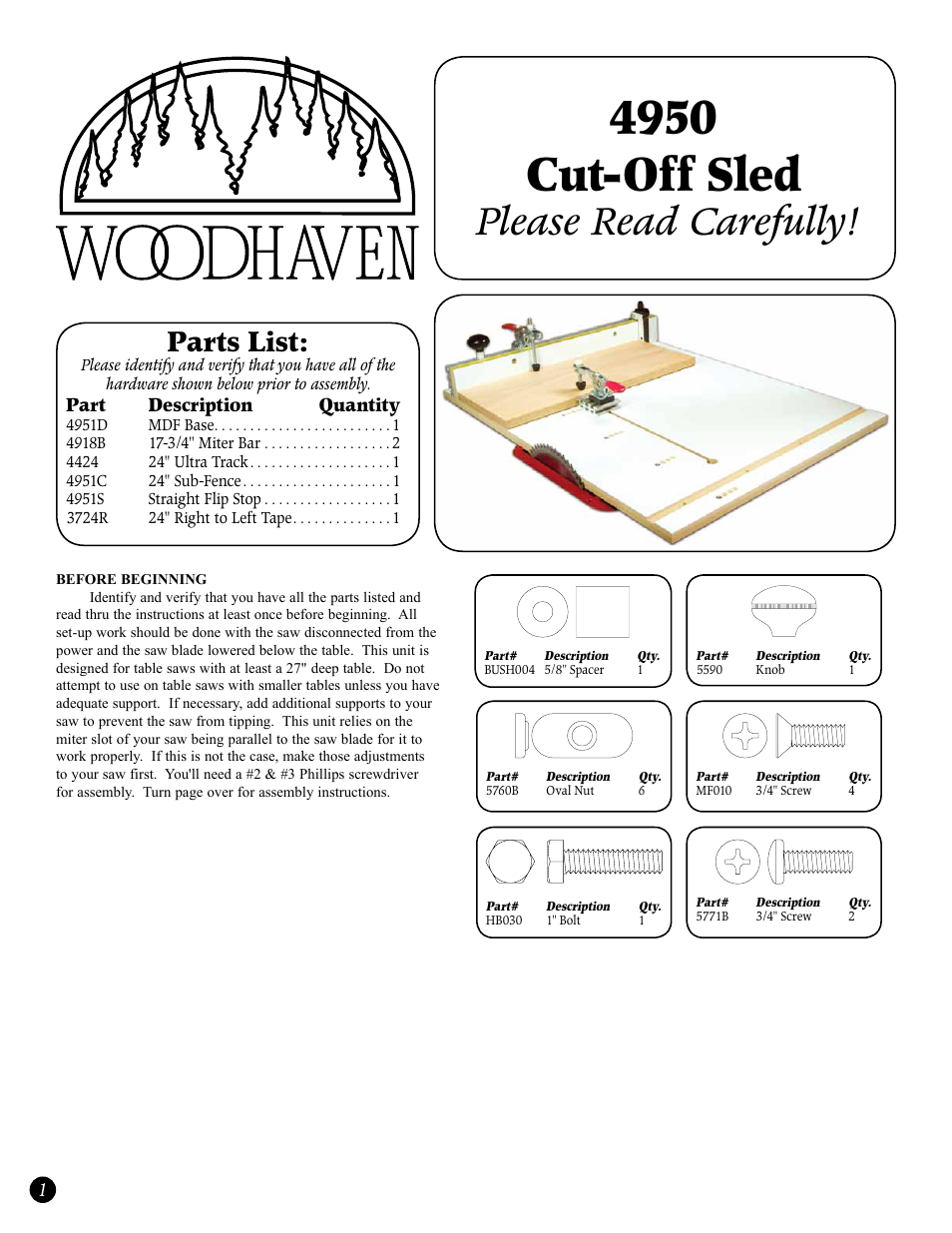 Woodhaven 4950: Half Cut-Off Sled User Manual | 2 pages