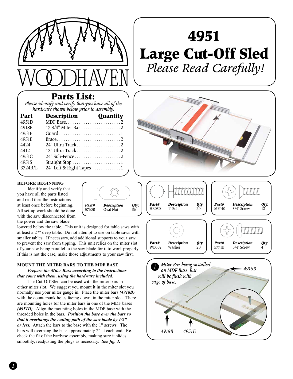 Woodhaven 4951: Large Cut-Off Sled User Manual | 2 pages