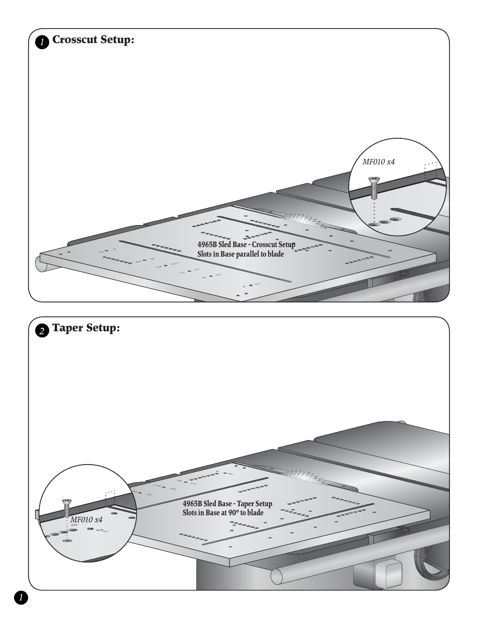 Crosscut setup, Taper setup | Woodhaven 4965: Super Sled User Manual | Page 2 / 8