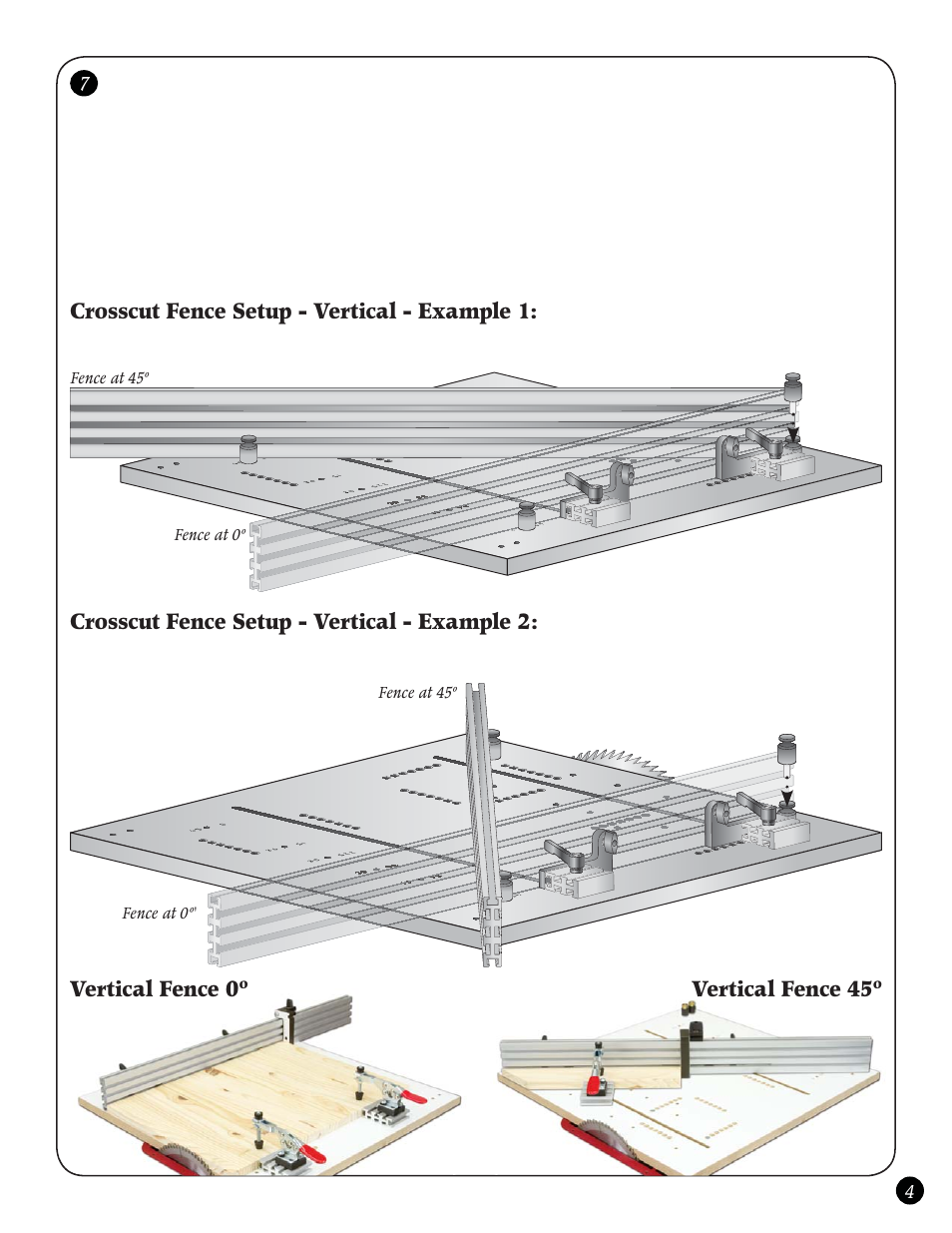 Crosscut fence setup - vertical - example 1, Crosscut fence setup - vertical - example 2, Vertical fence 0º vertical fence 45º | Woodhaven 4965: Super Sled User Manual | Page 5 / 8