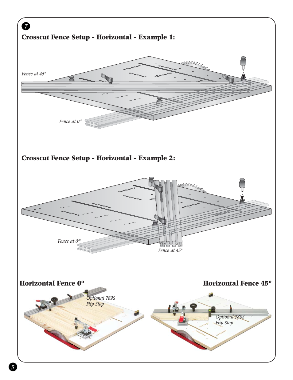 Crosscut fence setup - horizontal - example 1, Crosscut fence setup - horizontal - example 2, Horizontal fence 0º horizontal fence 45º | Woodhaven 4965: Super Sled User Manual | Page 6 / 8