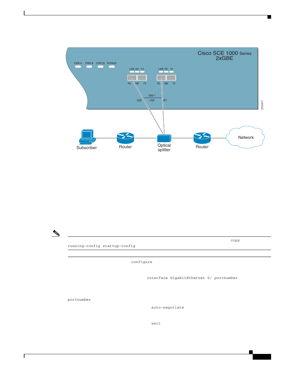 Cabling the line interfaces, Configure gigabitethernet auto-negotiation, Cisco sce 1000 | 2xgbe | Cisco OL-7822-06 User Manual | Page 49 / 64