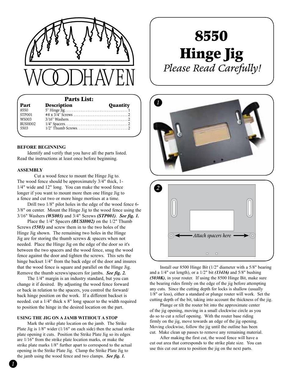 Woodhaven 8550: 5 Inch Hinge Jig User Manual | 2 pages