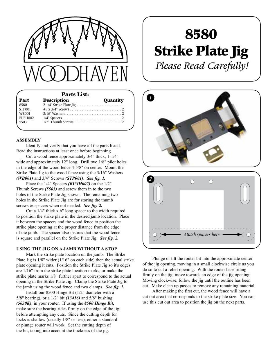 Woodhaven 8580: 2.25 Inch T-Strike Plate Jig User Manual | 2 pages