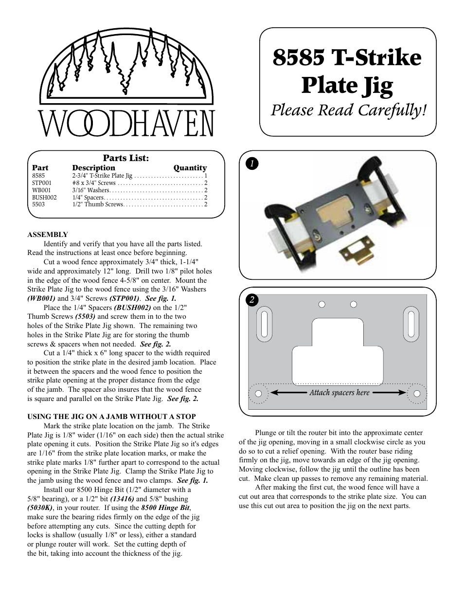 Woodhaven 8585: 2.75 Inch T-Strike Plate Jig User Manual | 2 pages