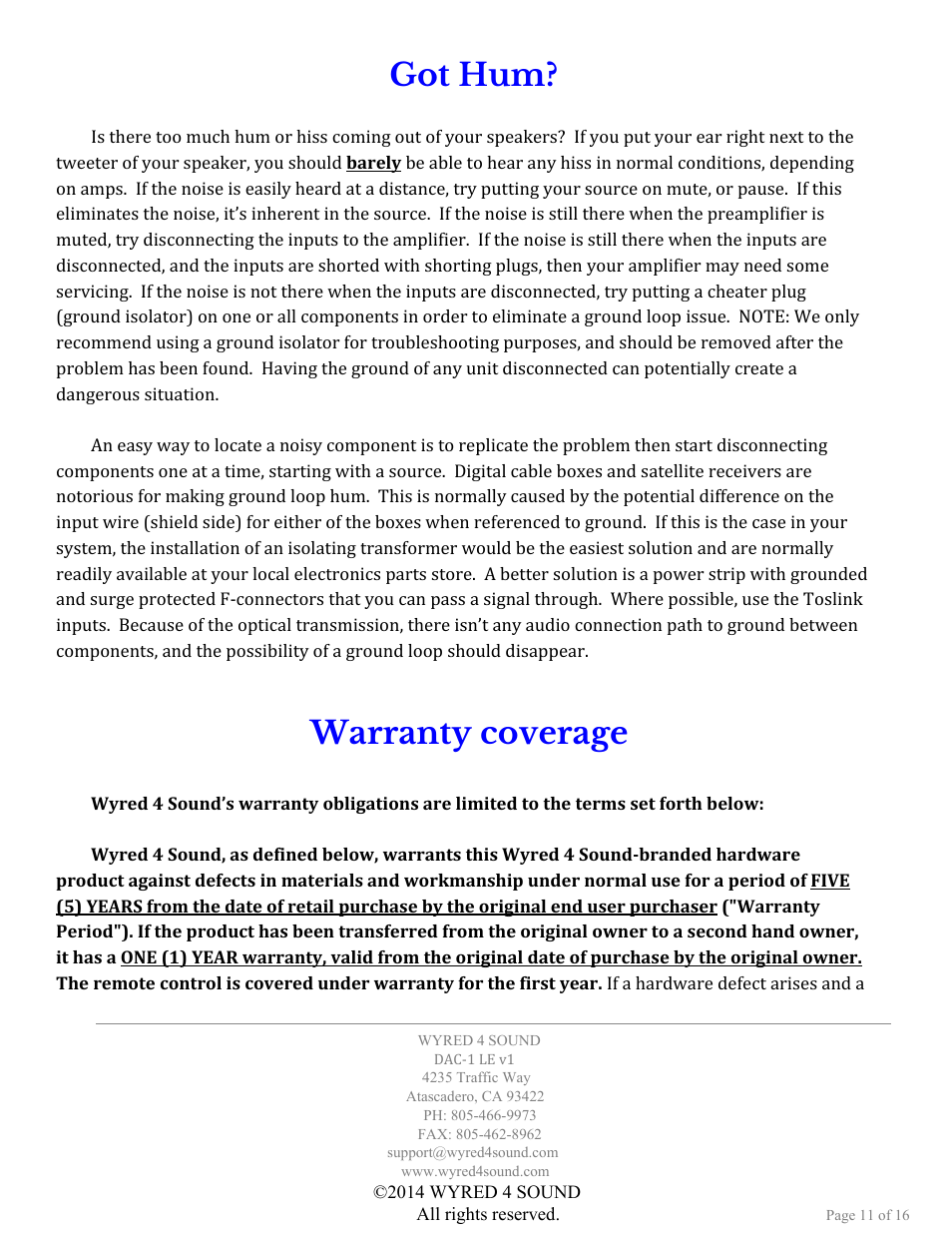 Got hum, Warranty coverage | Wyred 4 Sound DAC-1 LE User Manual | Page 11 / 16