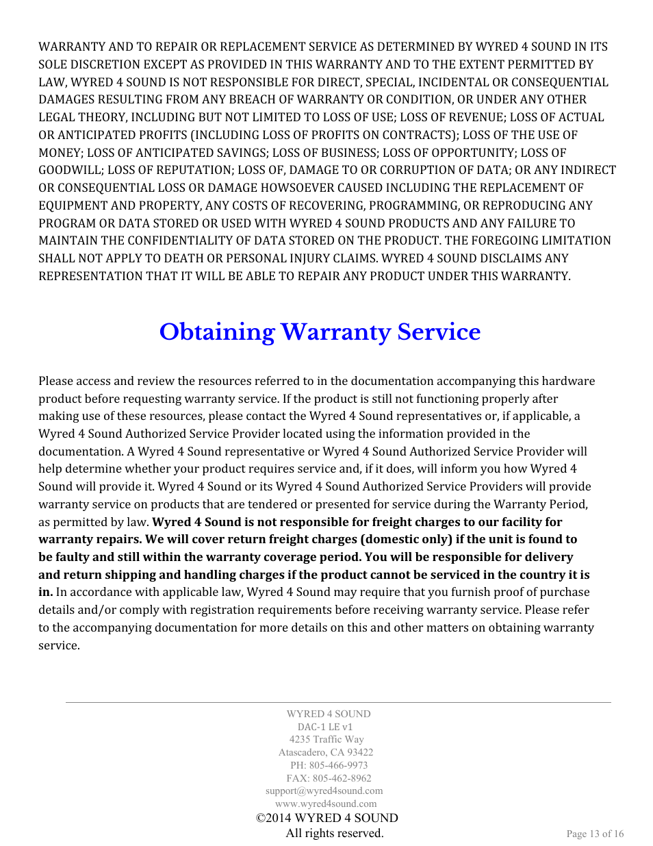 Obtaining warranty service | Wyred 4 Sound DAC-1 LE User Manual | Page 13 / 16