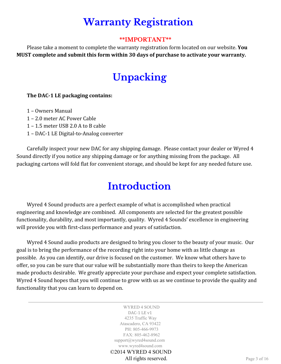 Warranty registration, Unpacking, Introduction | Wyred 4 Sound DAC-1 LE User Manual | Page 3 / 16