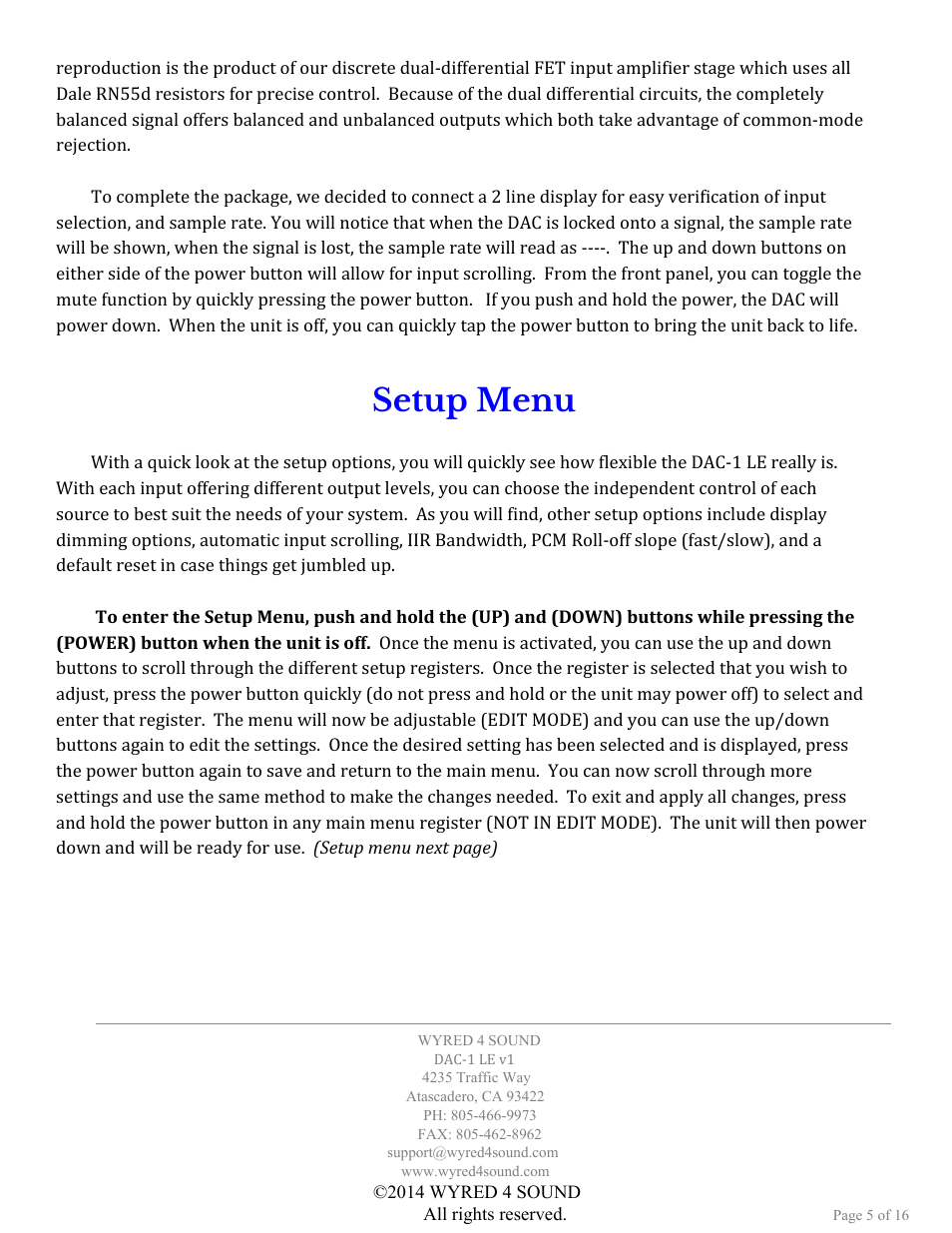 Setup menu | Wyred 4 Sound DAC-1 LE User Manual | Page 5 / 16